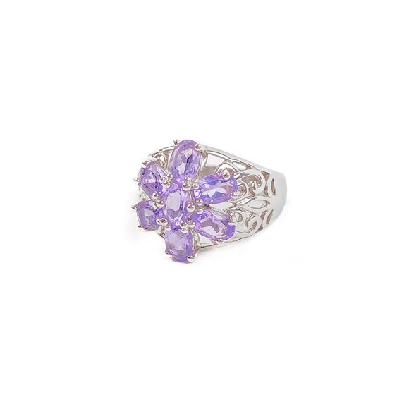 Ring Purple Flower Faceted Synthetic Amethyst Silver Tone Thai Fashion Vintage - Picture 3 of 14